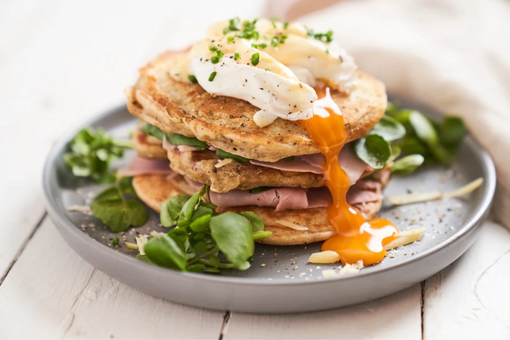 Eggs Benefict Pancakes, Post Workout recovery Meal Nutrition