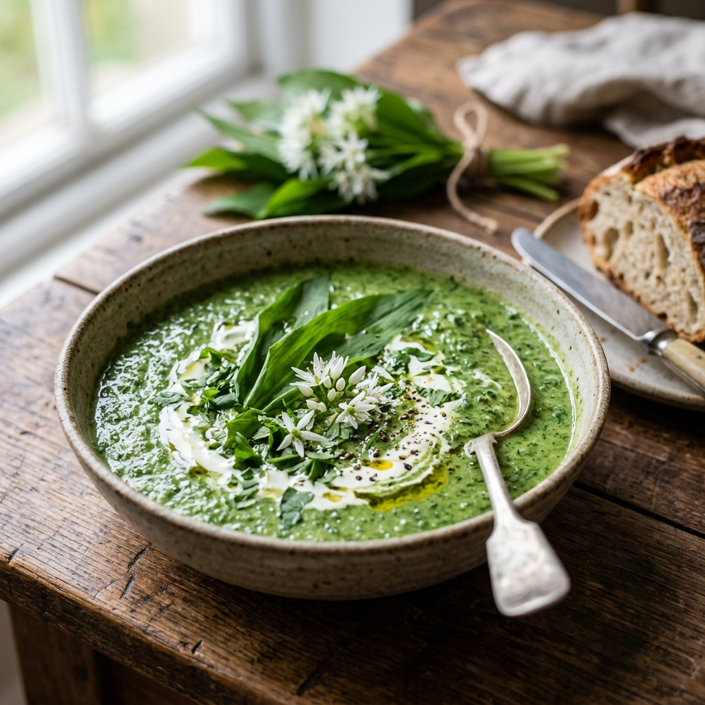 Bowl of green wild garlic soup with cream swirl, fresh garlic leaves, and white flowers on top